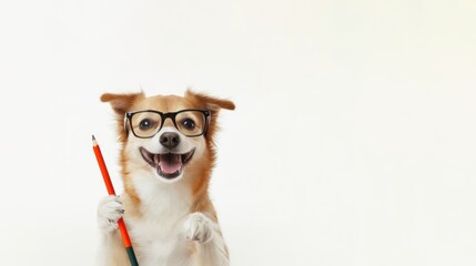 A happy dog wearing glasses and holding a pencil, symbolizing intelligence and learning, Dog Training, Training Workshop, training classes, dog socialization