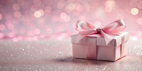 Fototapeta premium A delicately wrapped pink gift box with a satin ribbon sits on a sparkling surface, bathed in soft, romantic lighting.