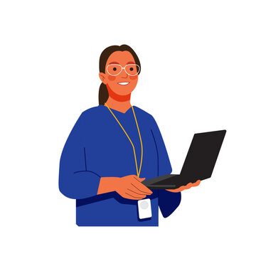 Vector of smiling developer woman hold laptop