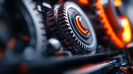 Fototapeta premium Close Up 3D Render Of Gray Interlocking Gears With Orange Light And Dark Background
