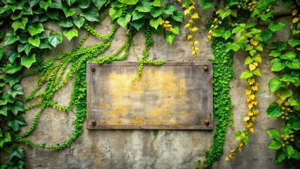 Rustic Weathered Metal Plaque Overgrown with Lush Green and Yellow Vines on a Stone Wall