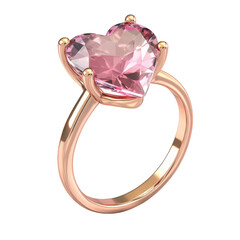 Rose gold ring with a pink heart-shaped gemstone.