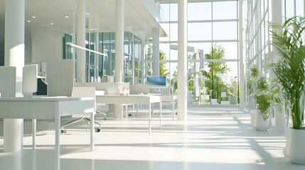 A large, open office space with white walls and white furniture