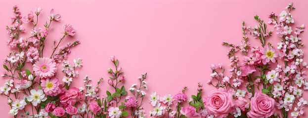 Fototapeta premium Pink flowers border, spring, background