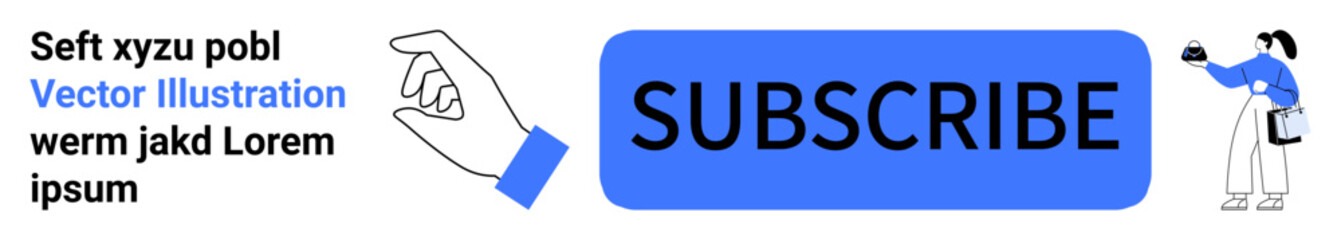 Blue subscribe button with hand pointing, accompanied by a person holding a megaphone. Ideal for subscription, call-to-action, marketing, user engagement, online campaigns, social media, flat landing
