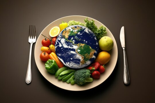 Climate Change and global warming and Conservation. Food art depicting Earth as a plate of colorful fruits and vegetables.