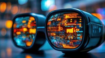 Abstract Glasses Digital Tech Reflections. Data streams blur in the background