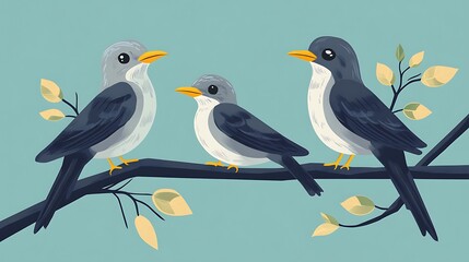 Fototapeta premium Charming birds perched on branch illustration nature scene colorful background close-up view