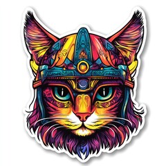 Naklejka premium Colorful warrior cat helmet, fantasy art, digital illustration, sticker
