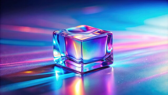 A prismatic glass cube reflecting vibrant neon light