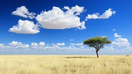 Obraz premium Lone acacia tree stands in golden savanna under a vibrant blue sky
