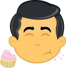 vector illustration yellow emoji character male, eating a raspberry cupcake or muffin