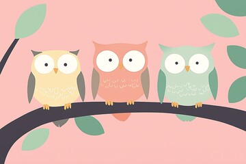 Fototapeta premium Colorful cartoon owls on a branch whimsical design digital art playful environment