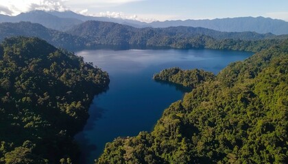 Fototapeta premium Lake view surrounded by green forests under a clear sky, great for travel