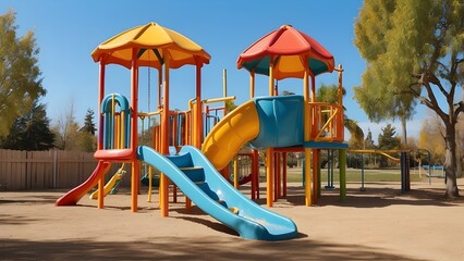 A colorful children's playground structure with a slide and swings stands on a dirt ground on a sunny day