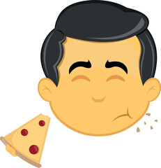 vector illustration yellow emoji character male, eating a slice pizza