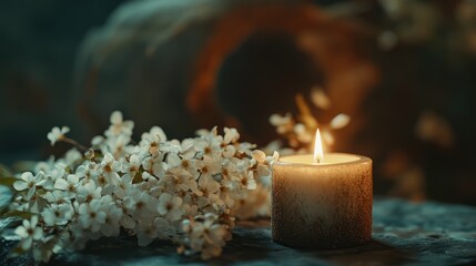 Memorial Service Announcement: Lighted Candles & White Flowers