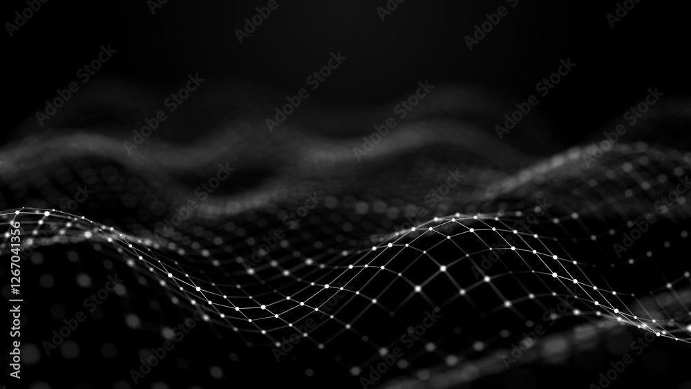 Poster abstract wave. interweaving of dots and lines on a black background. big data. 3d rendering.