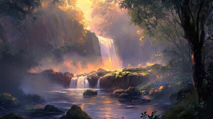 Sun-Kissed Cascade, A Serene Waterfall Scene in an Enchanted Forest