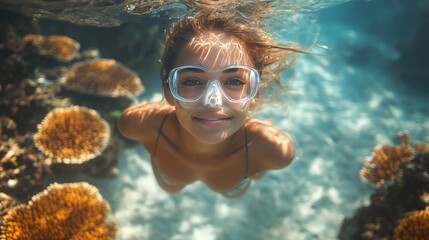 Underwater woman smiling, snorkeling above coral reef.