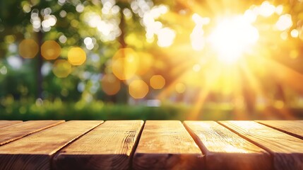 A wooden table with a bright sun shining on it