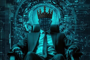 A crowned businessman with a crown, managing artificial intelligence