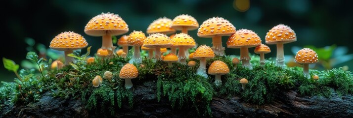 Enchanted Forest: A Cluster of Orange Mushrooms Growing on Mossy Log
