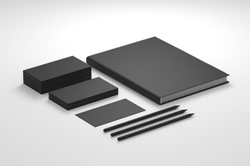 Business Branding Mockup with Black Notebook, Business Cards, and Pen on White Desk