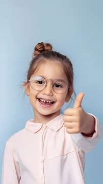 Cheerful young girl smiling, giving thumbs up gesture against light blue seamless backdrop