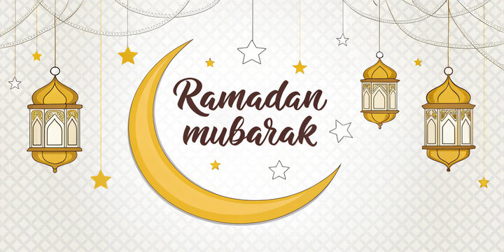 Elegant white and gold Ramadan Mubarak greeting card featuring a crescent moon, hanging lanterns, and intricate Arabic patterns