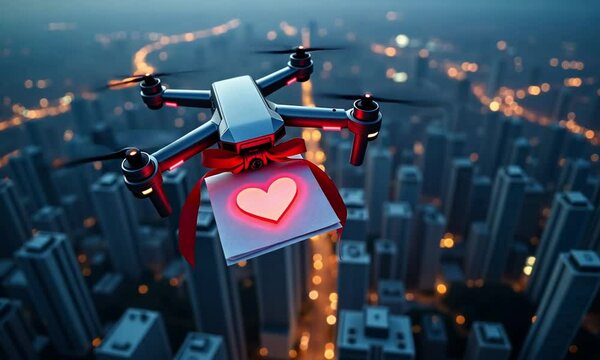 Drone Delivering a Love Letter Across a Scenic Landscape

