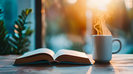 Morning Ritual: A steaming mug of coffee rests beside an open book on a wooden table, bathed in the warm glow of sunrise.