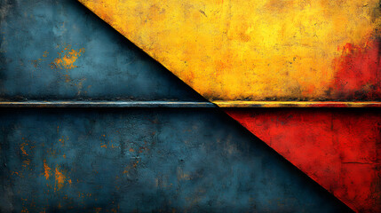 Rusty Color Block: A striking abstract composition featuring a diagonal split of blue, yellow, and red, showcasing a rusted and textured surface, evoking a sense of history and industrial aesthetic.