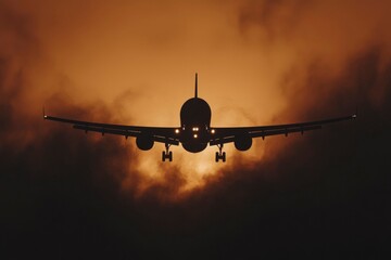 Airplane landing against sunset backdrop, depicting travel or transport