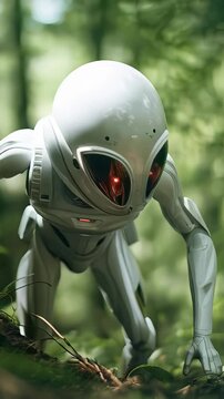 Humanoid robot exploring extraterrestrial wilderness, scanning dense alien forest with piercing crimson eyes during planetary exploration mission