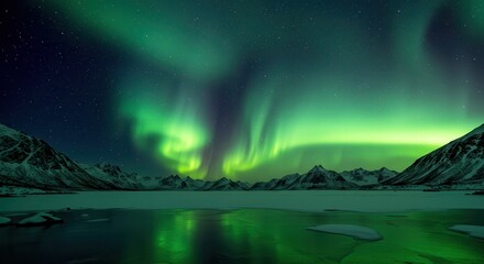 Naklejka premium Captivating Northern Lights Display Over Frozen Lake with Mountain Backdrop
