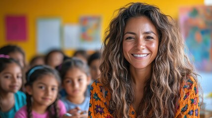 Fototapeta premium Happy Female Teacher with Diverse Class of Students in Bright Classroom