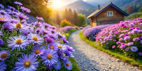 Fototapeta premium Serene Pathway Through a Vibrant Purple Flower Garden Leading to a Rustic Wooden Cabin at Sunset