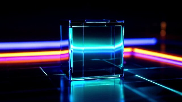 Glass cube emits vibrant blue and purple light, casting reflections on a sleek surface.