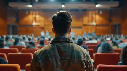 Fototapeta premium A man is sitting in a theater with a crowd of people
