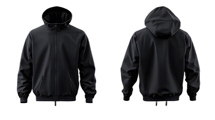 Black windbreaker mockup, front and back view, isolated