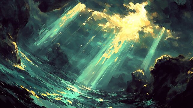 Golden light beams dramatically illuminate dark teal water within a mysterious cavern. AI Generated