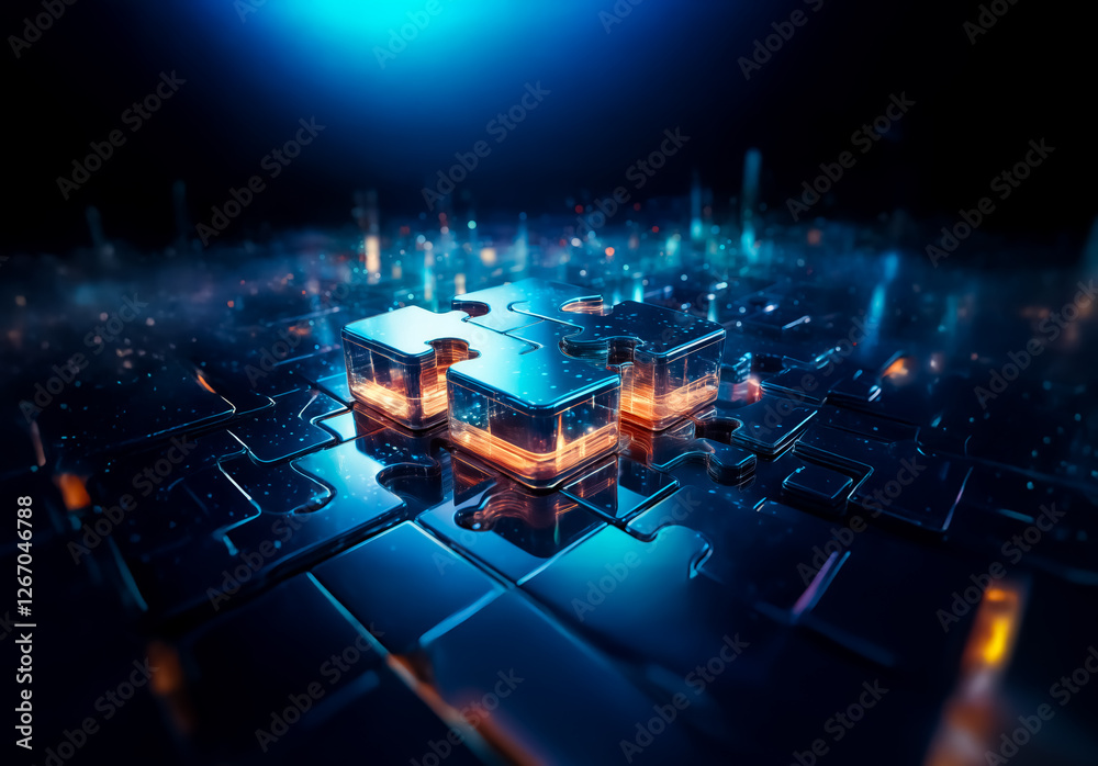 Leinwandbilder Glowing puzzle pieces interlock on a dark reflective surface, illuminated with blue and orange light, creating a sense of connection and futuristic technology.