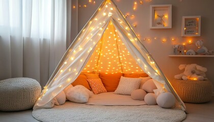 Cozy Indoor Tent with Fairy Lights and Decorative Cushions