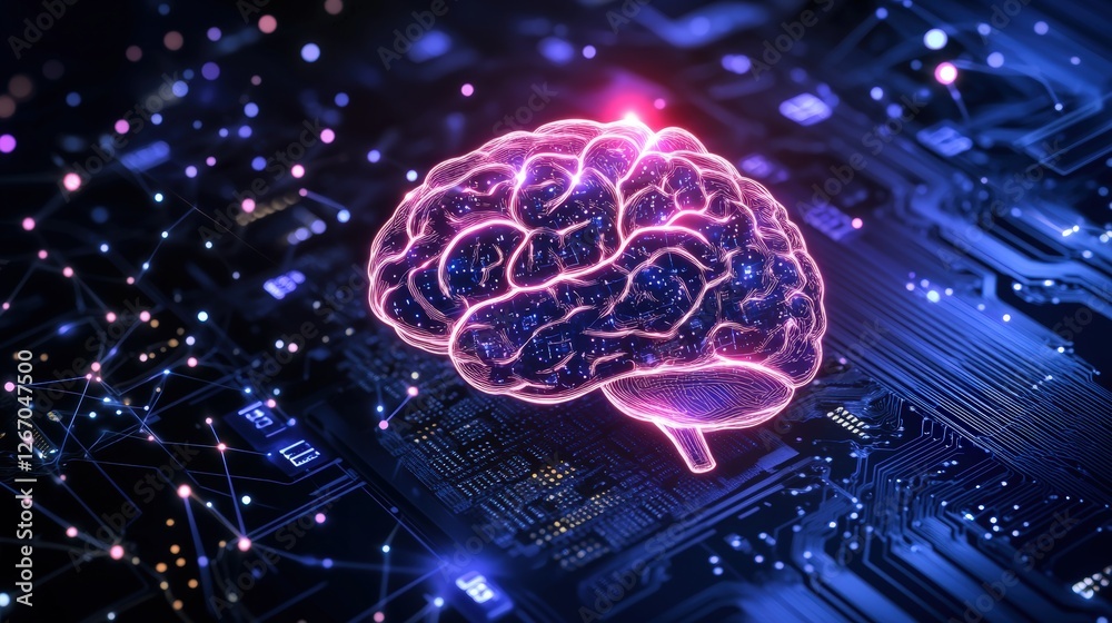 Poster brain on circuit board with digital background representing big data and artificial intelligence con