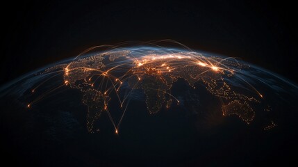 A digital rendering of Earth with glowing lights connecting cities, representing global networks and connectivity.