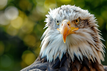 Obraz premium A close-up shot of a bald eagle's intense gaze, with its sharp beak and feathers in focus.