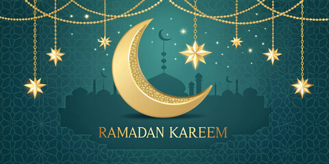  Islamic-themed Ramadan Kareem greeting card with a hanging crescent, golden stars, and a peaceful night sky background