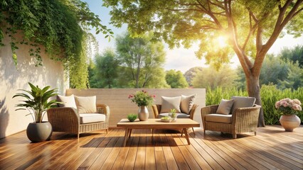 Obraz premium Serene Patio Furniture Arrangement Under Lush Greenery and Sunlight