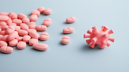 Pile of pink pills on a blue background with biogeneric drugs and antivirus details in studio lighting